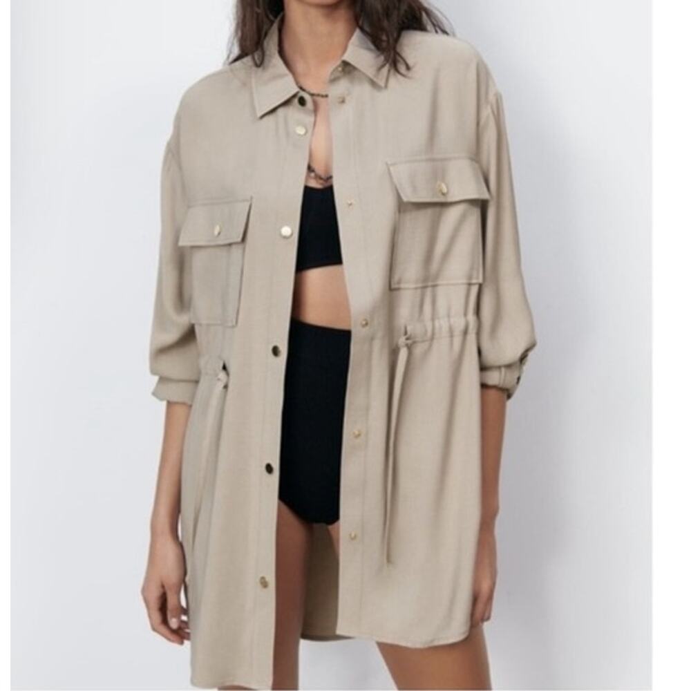 ZARA Women Sand Beige Taupe Adjustable Waist Overshirt Loose Sz XS